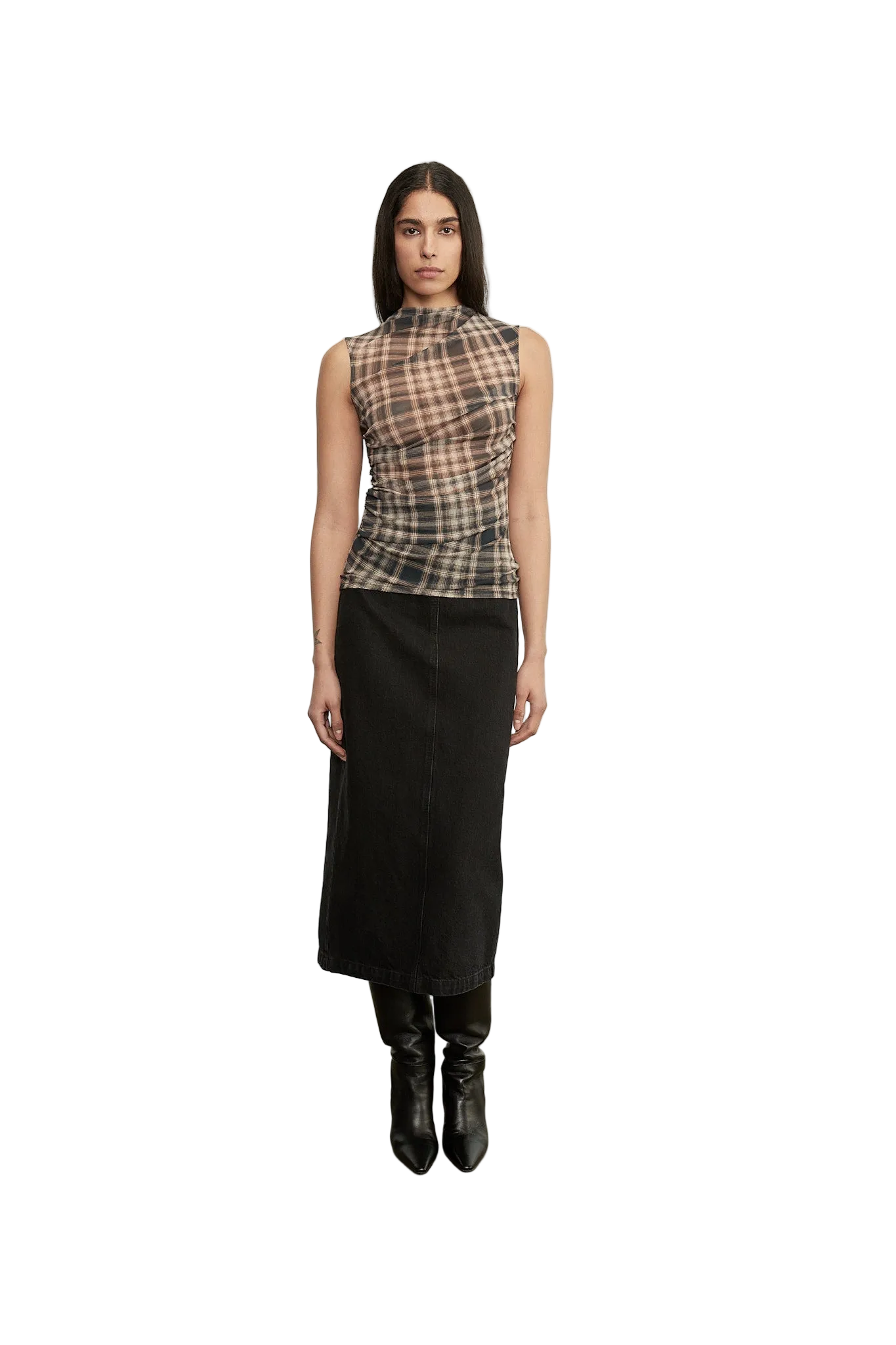 Plaid Mesh Sleeveless Twist Top