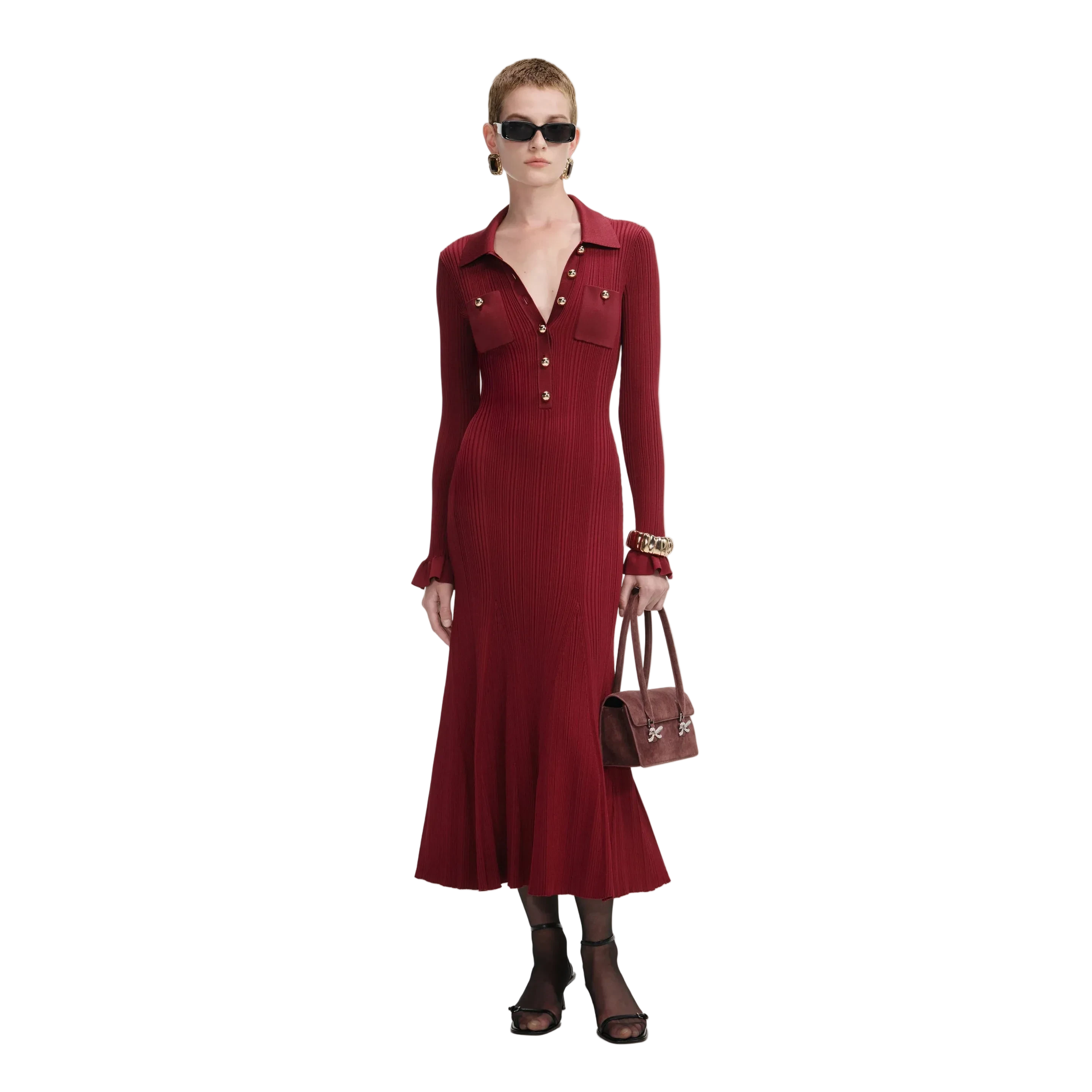 Burgundy Ribbed Knit Midi Dress