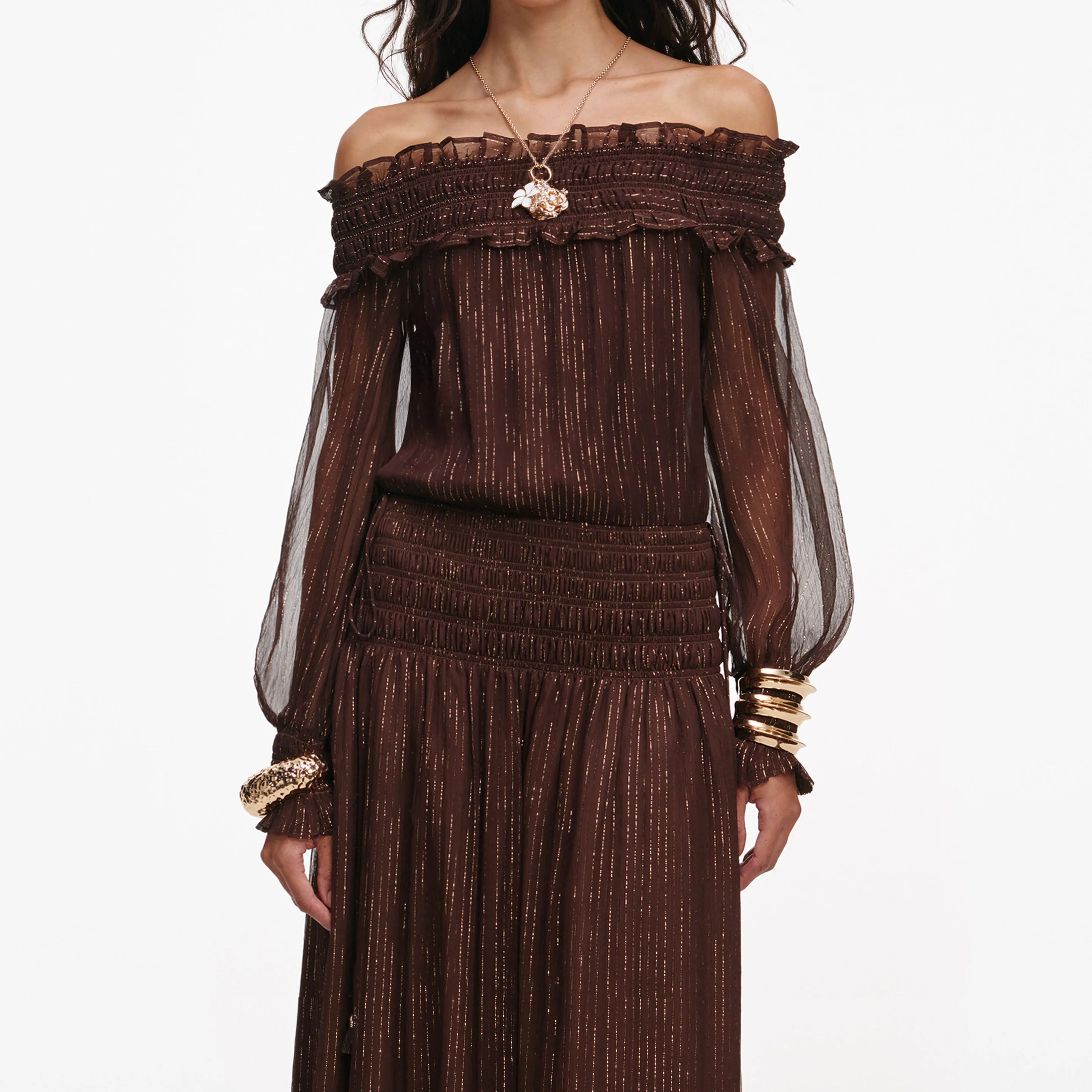 Brown Off Shoulder Georgette Maxi Dress