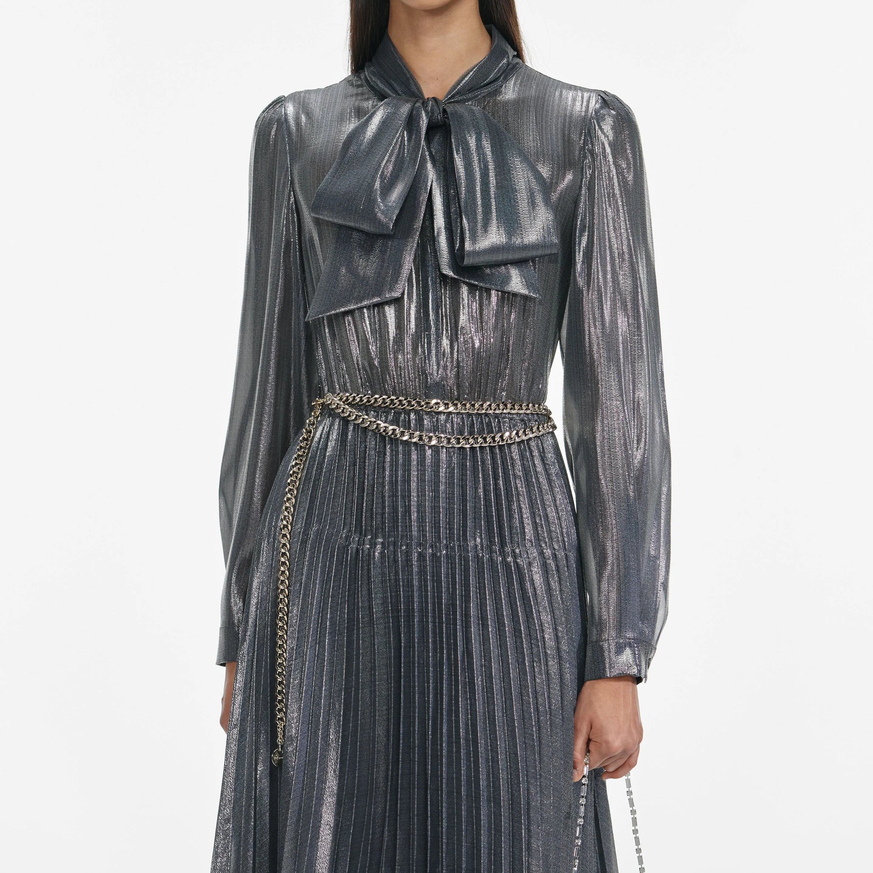 Grey Metallic Pussy Bow Dress -2