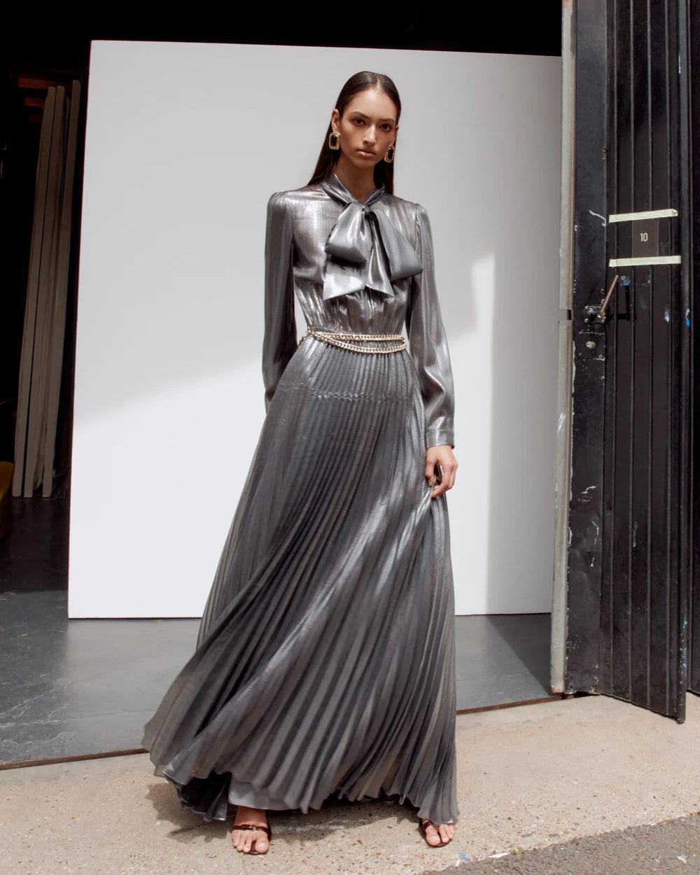 Grey Metallic Pussy Bow Dress -2