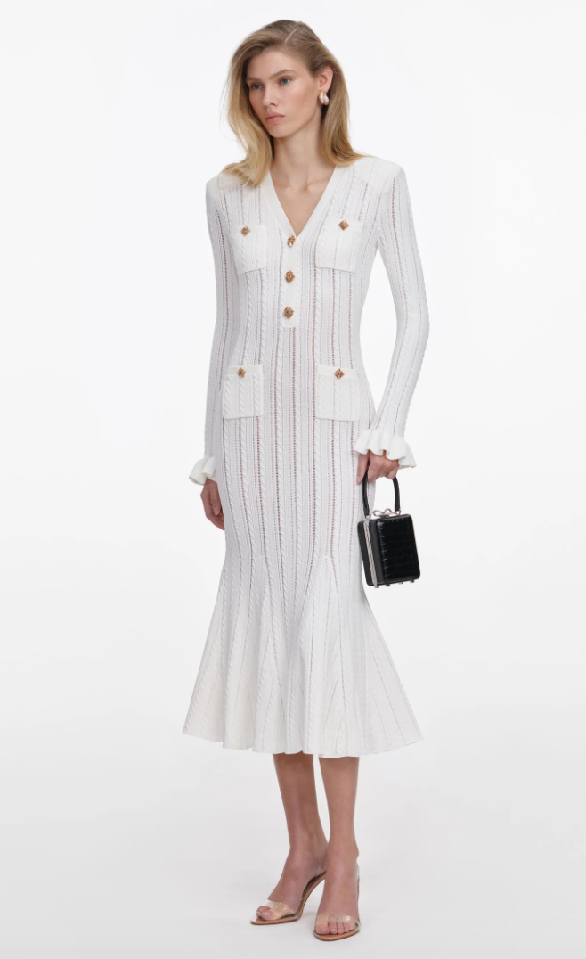 White Pointelle Knit Midi Dress
