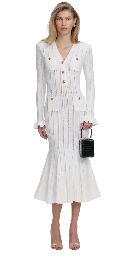 White Pointelle Knit Midi Dress
