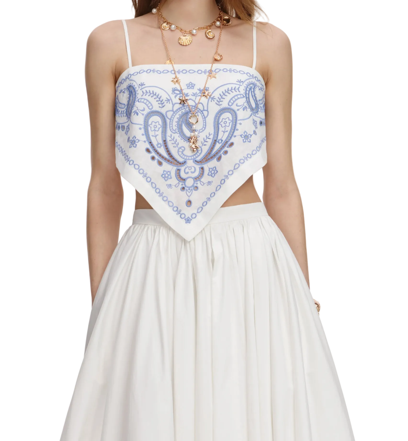 White and Blue Embroidered Linen Top