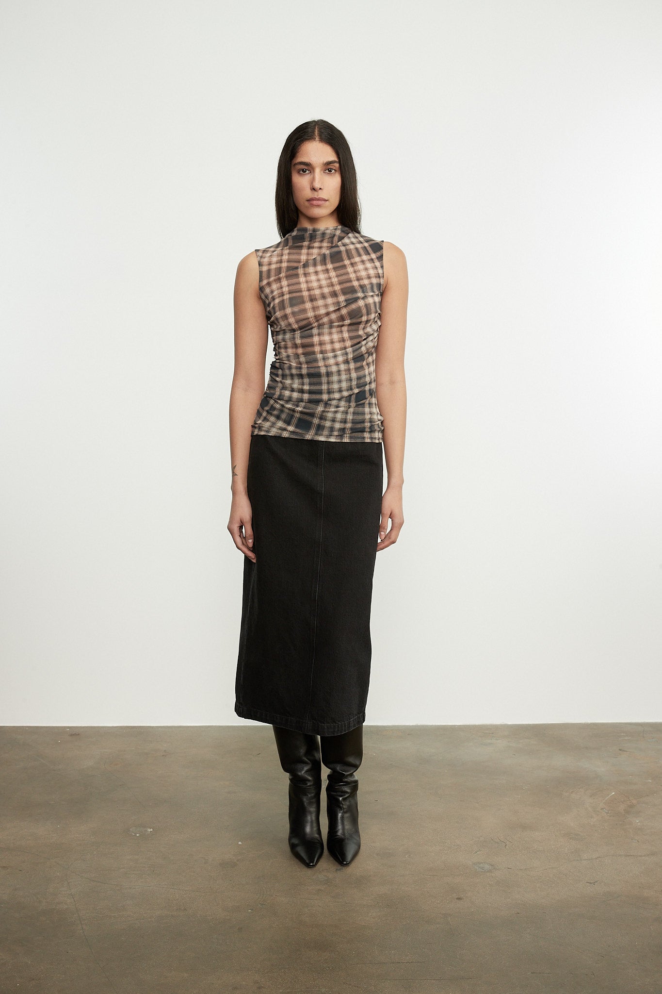 Plaid Mesh Sleeveless Twist Top