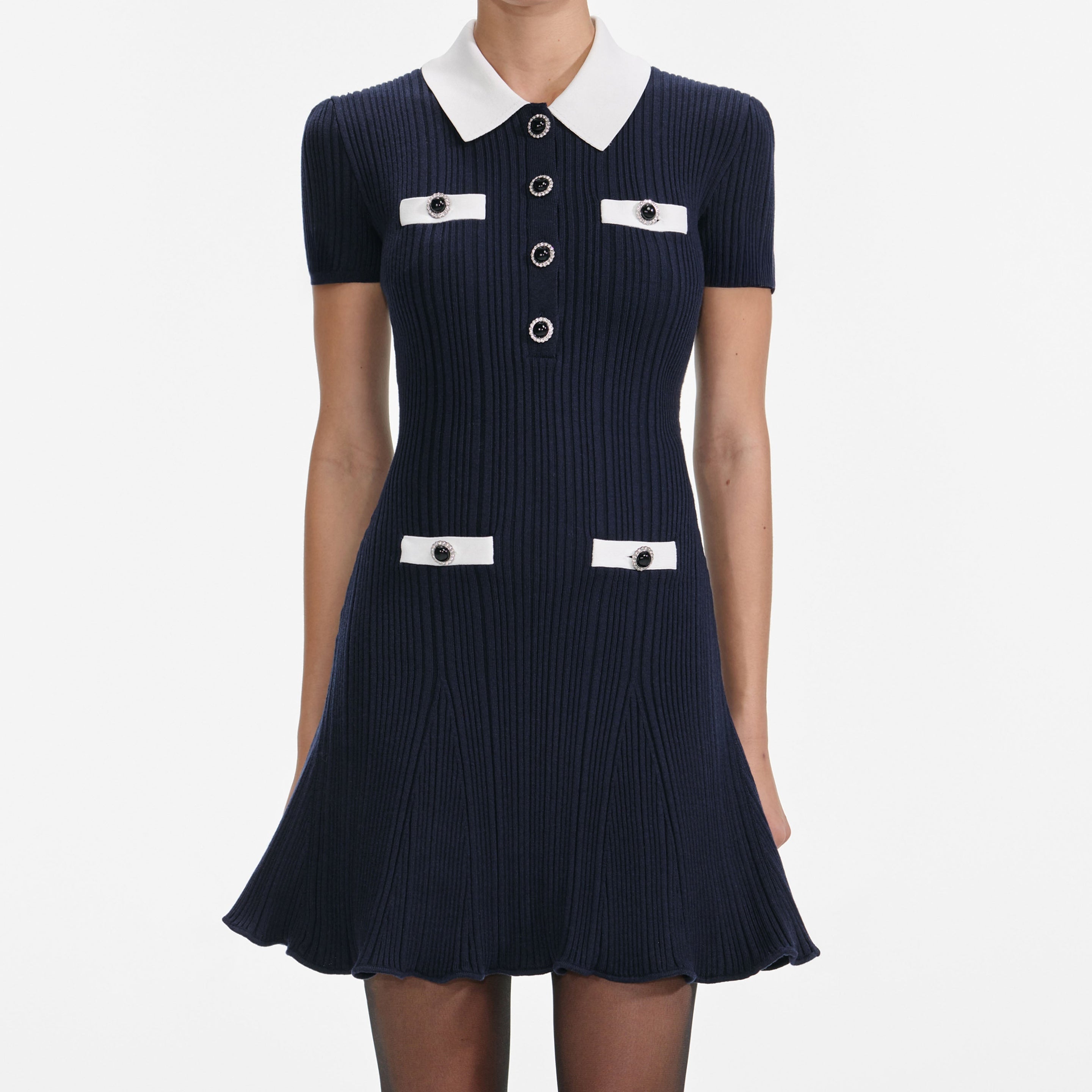 Navy Contrast Collar Knit Mini Dress